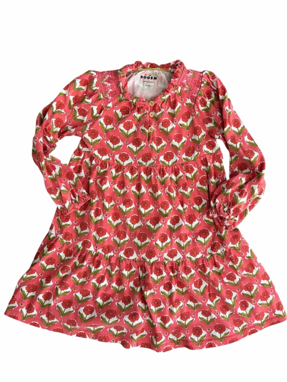 Boden Pink Floral Long-Sleeve Tiered Dress